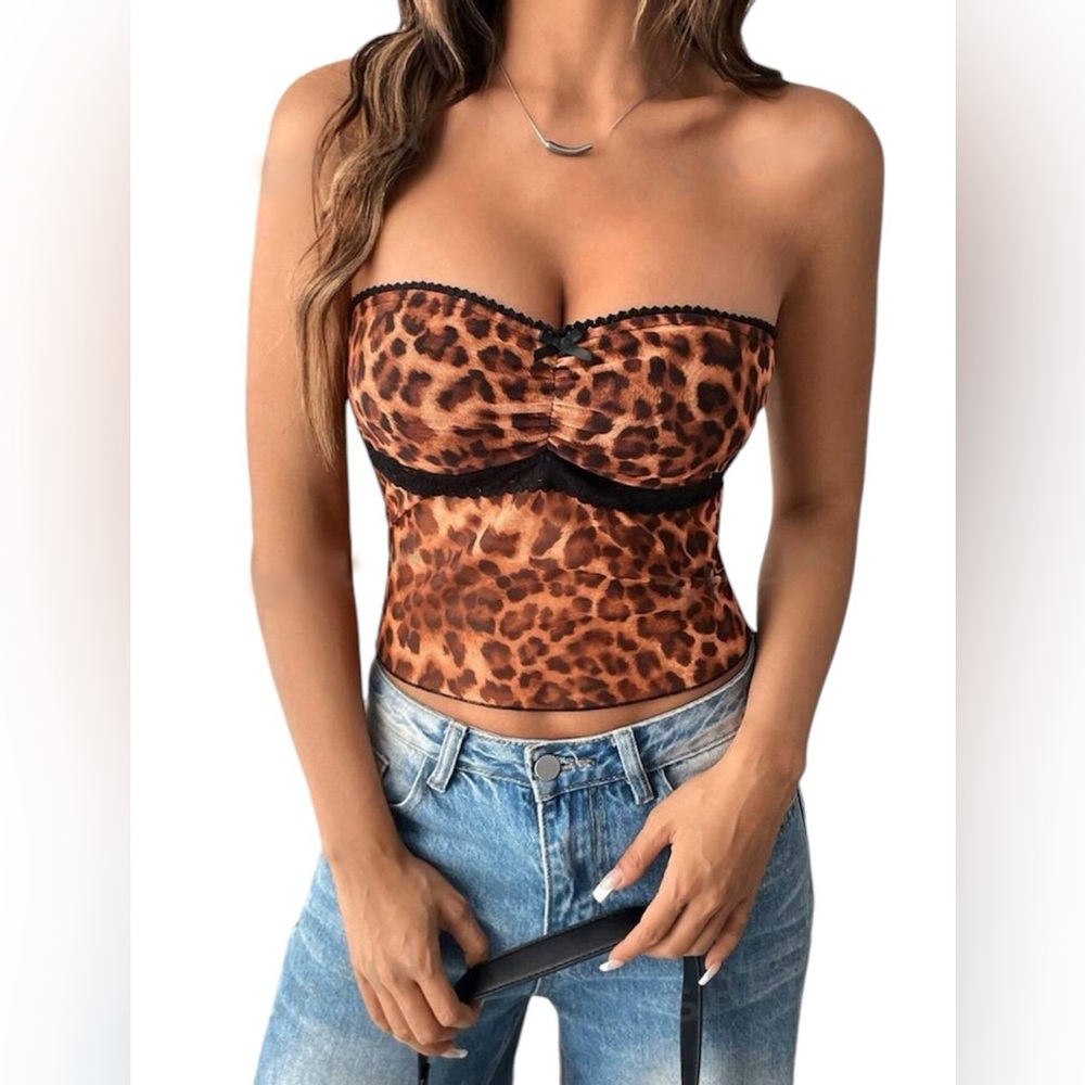 Women's Sexy Leopard Print Lace Mesh Sheer
Blouse